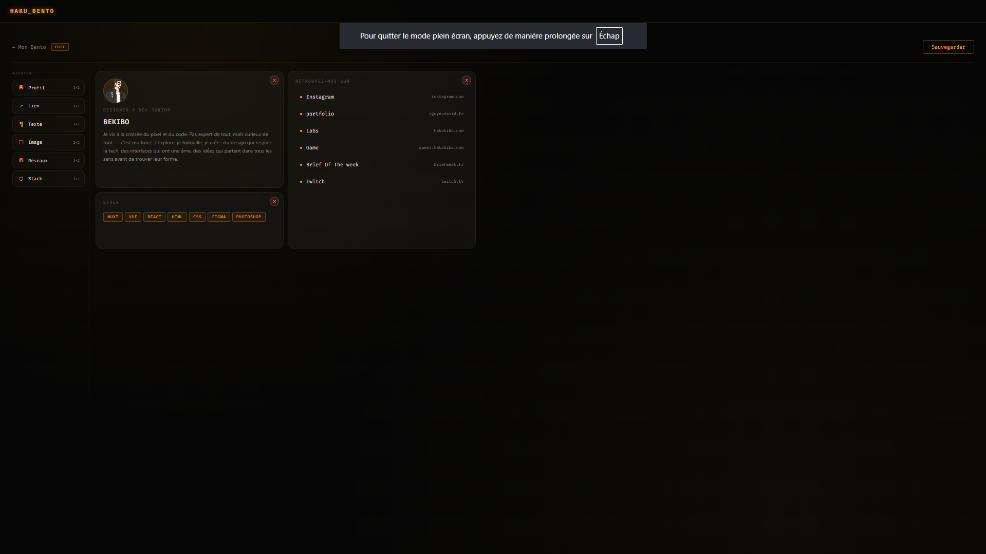 Bento — ma page personnelle en cours de construction