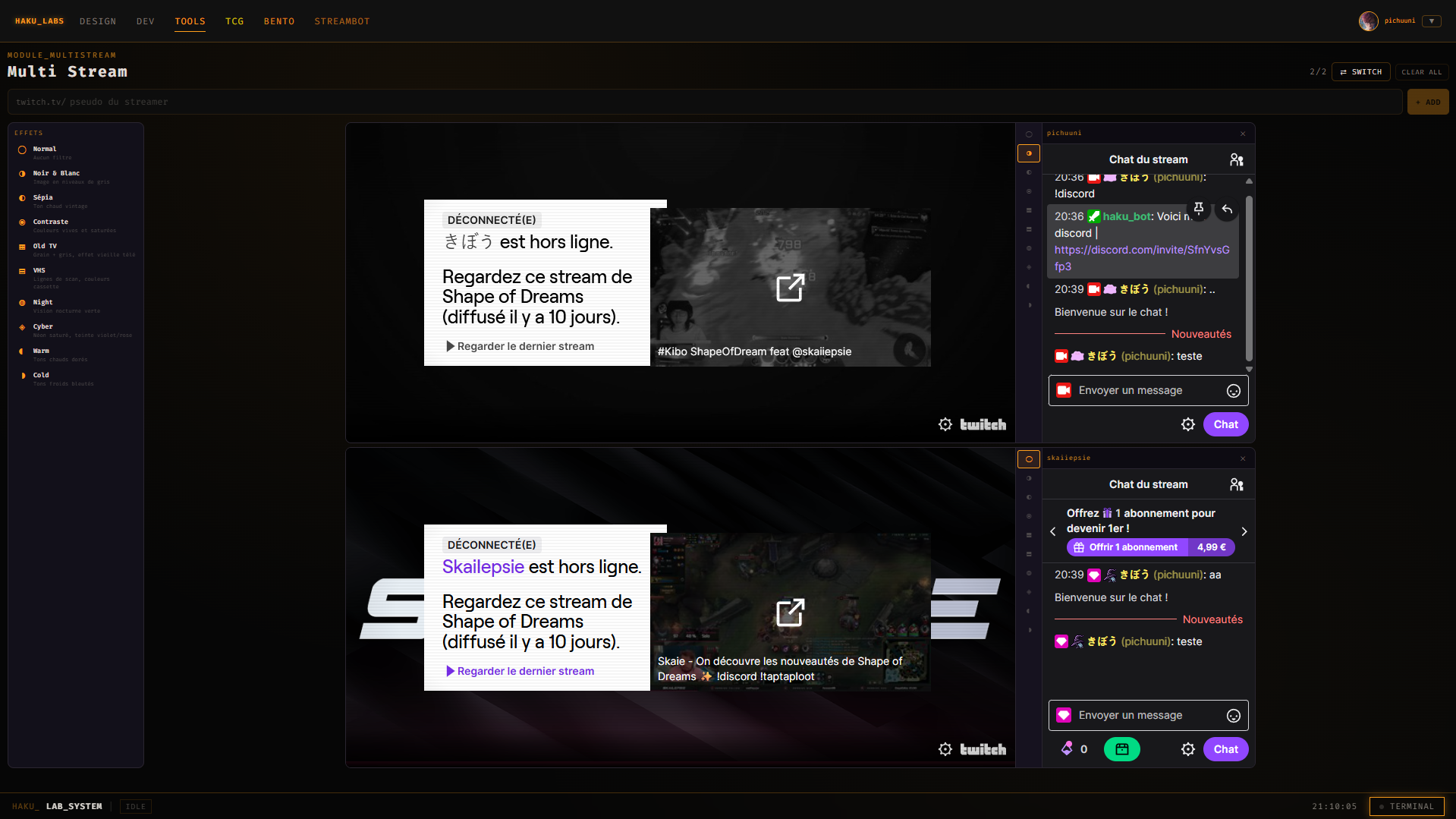 Multistream — deux lives côte à côte avec filtres visuels