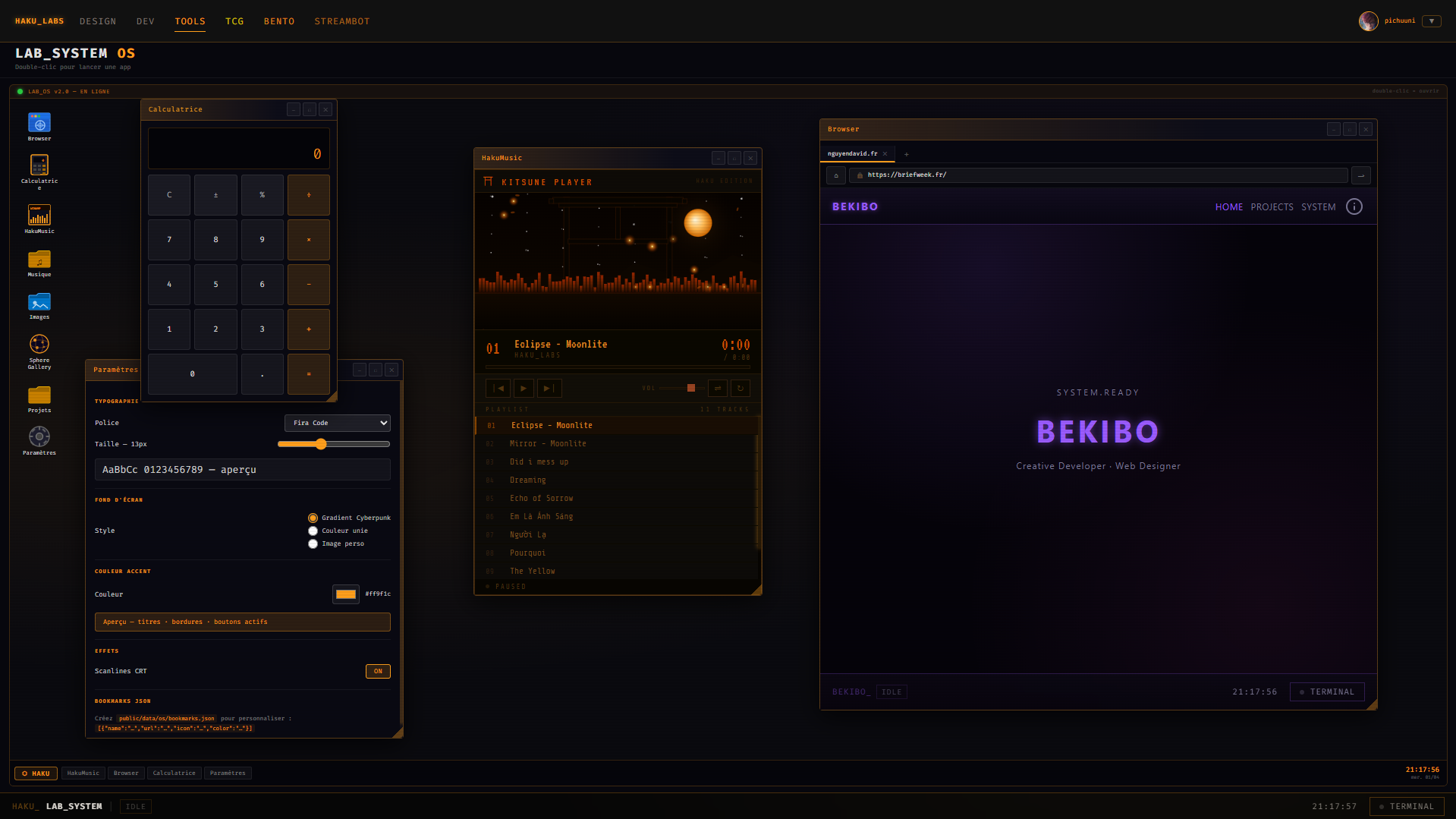 Lab System OS — vue complète avec calculatrice et dossier images