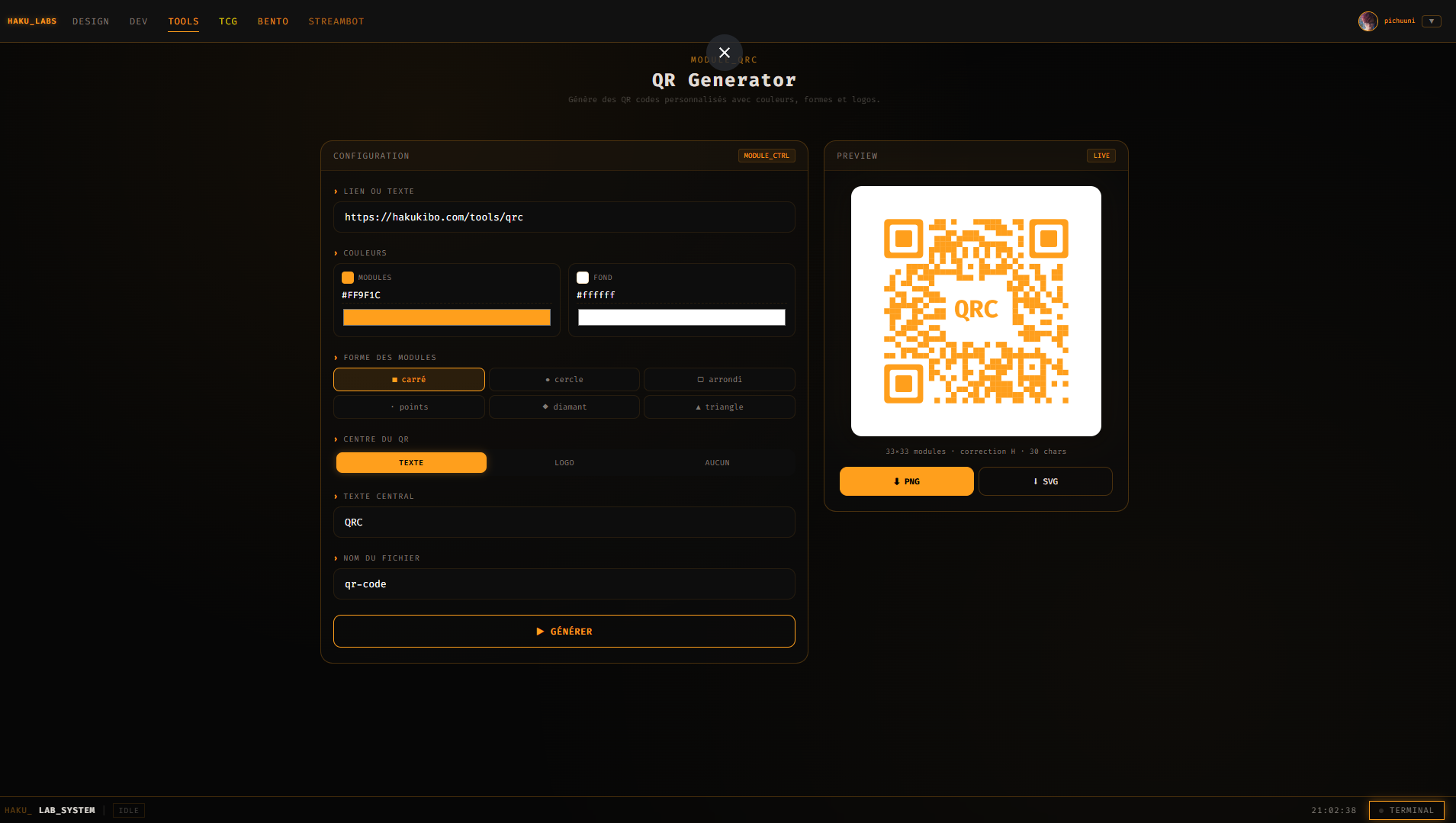 QR Generator — interface de l'outil